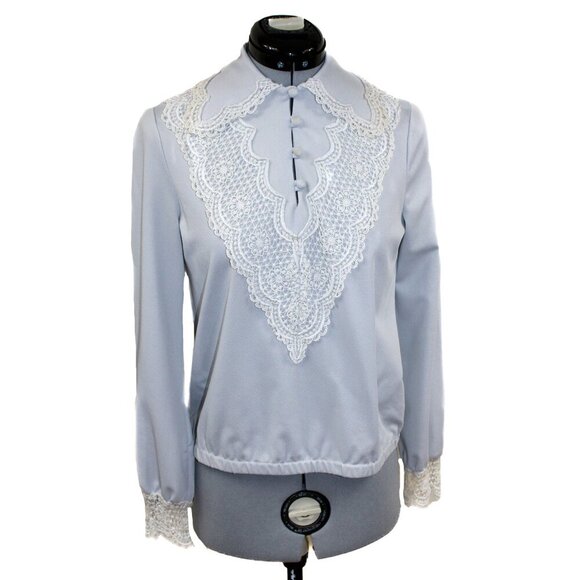 VTG BUTTE KNIT Womens Medium Blue Gray Blouse Lace Collar 70s Cottage Coquette - Picture 1 of 5